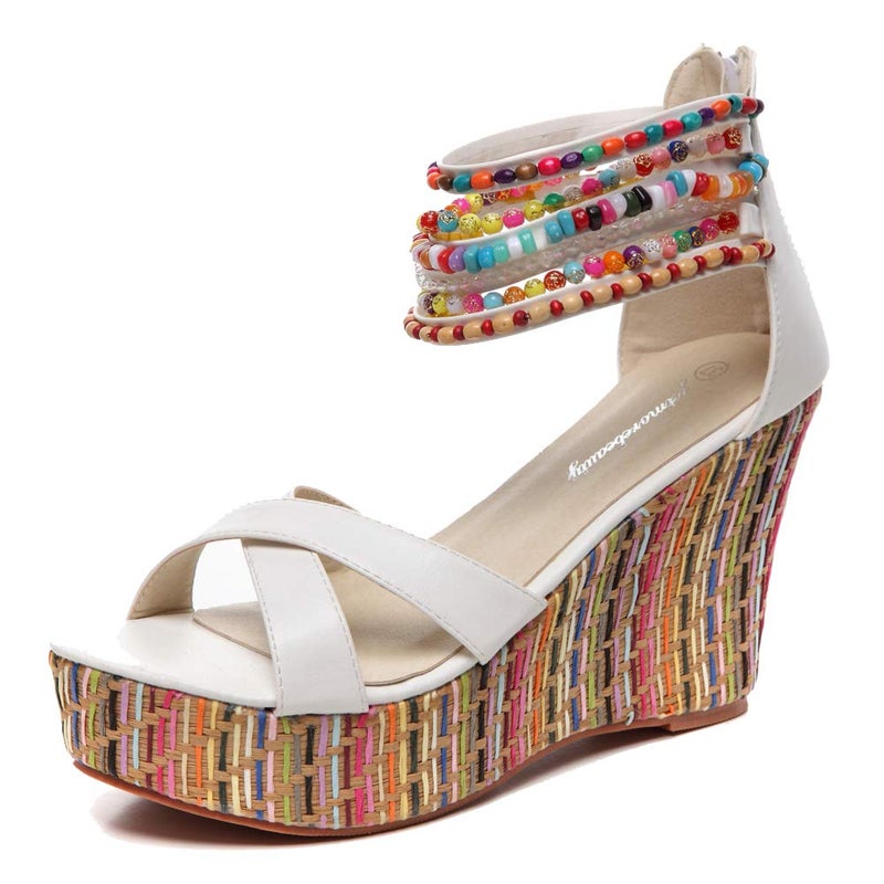getmorebeauty Women's Wedge Sandals Pearls Across The Top Platform High Heels (7.5 US, White Belt) - Image 1